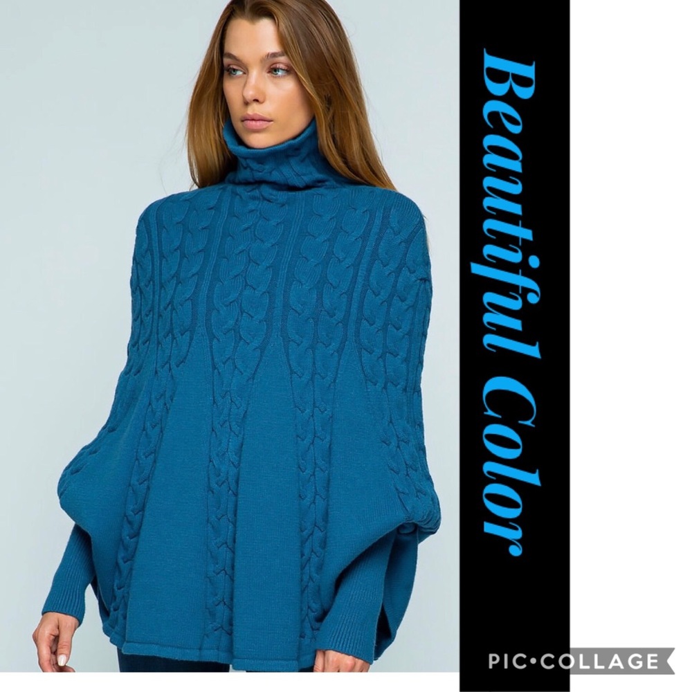 Beautiful Blue Color Cape Cable Knit Sweater